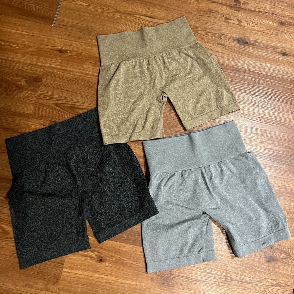 Set of Three High-Waisted Biker Shorts in Black, Gray, and Gold